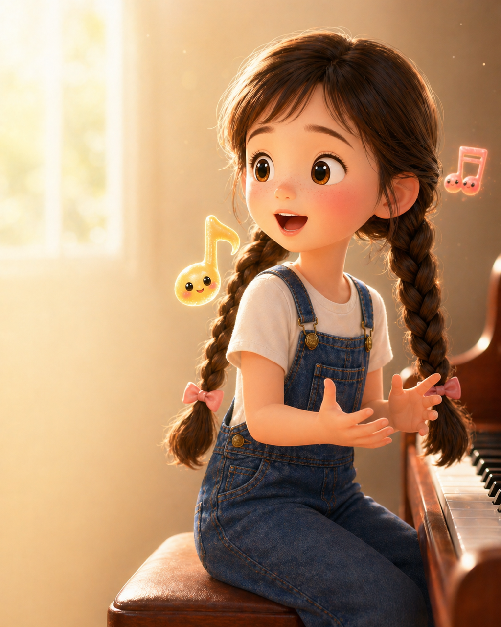 피아노 앞에서 자기 생각을 이야기하는 아이와 듣고 있는 음표 친구